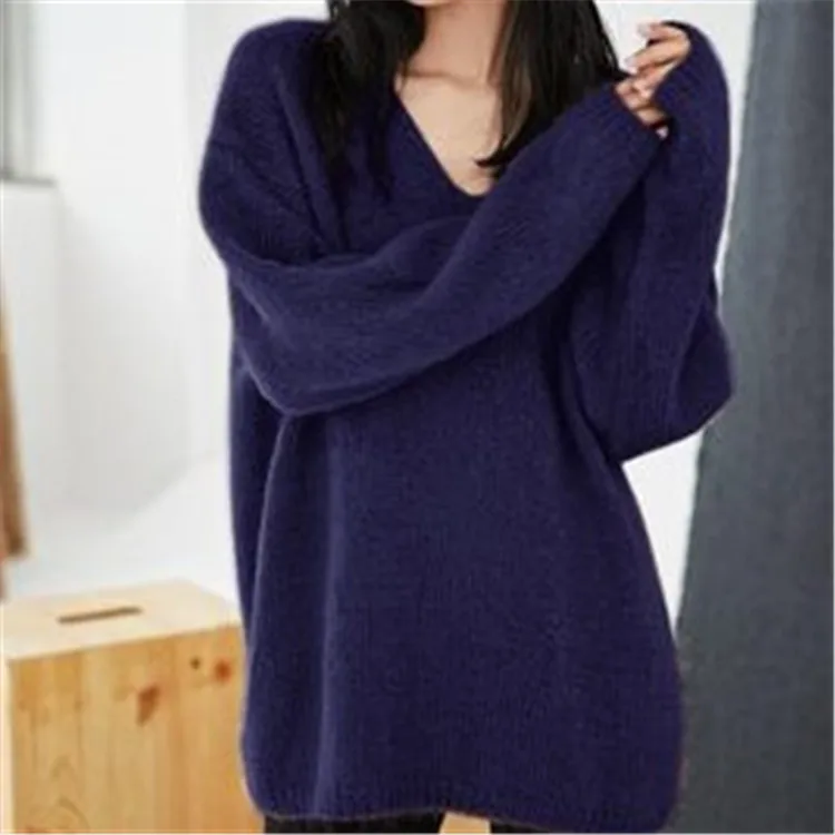  100%hand made wool Vneck knit women streetwear solid loose pullover sweater one&over size