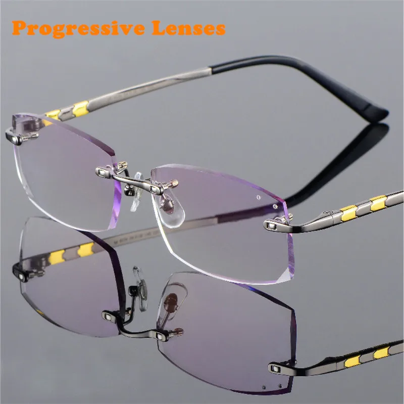 Титановые очки для мужчин без оправы по рецепту для чтения близорукость фотохромные прогрессивные очки большие широкие очки с цветными линзами - Цвет оправы: Grey Progressive