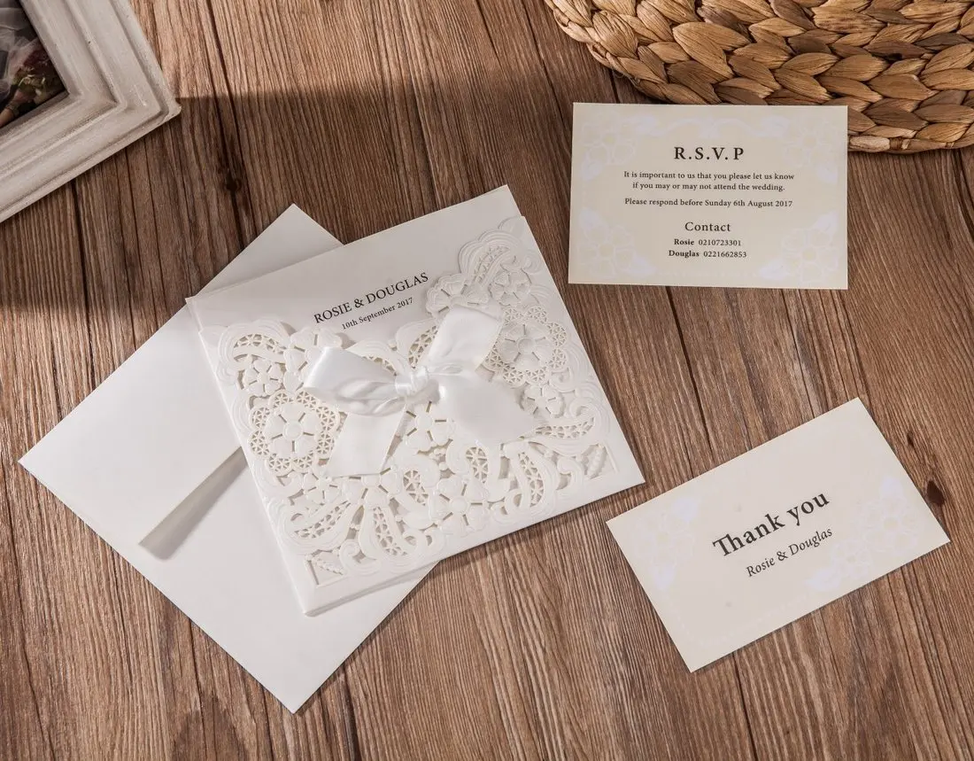  White Laser Cut Wedding Invitations Ribbon Wedding Cards Birthday Card Matched with RSVP & Thank Yo - 32989080991