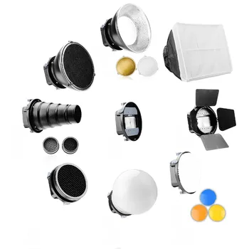 

Universal Speedlite Flash Accessories Kit Adapter Mount+Barndoors+Snoot Standard Reflector+Diffuser Ball for DSLR