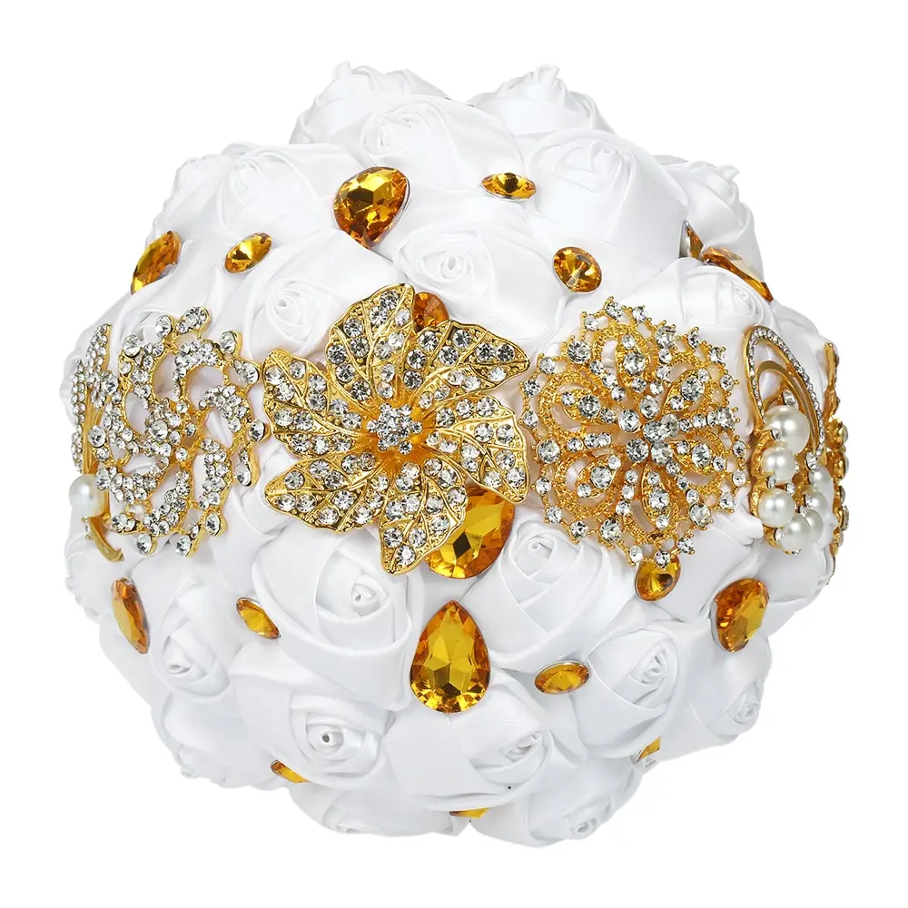 

Handmade Wedding Bouquet Diamond Bridal Brooch Satin Rose Flower with Rhinestone Artificial Pearls for Bride Wedding Supplies
