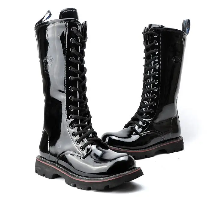 

Men's military combat punk mid calf boots patent leather lace up motorcycle shoes Plus Big Size black