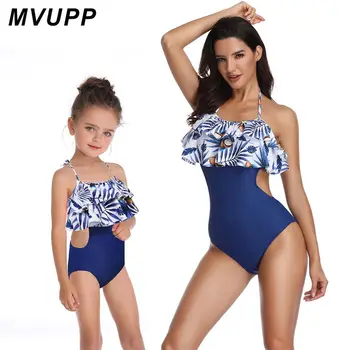 

blue beachwear family swimsuit for mommy and me clothes one piece matching outfits mother daughter look women mom girl bikini