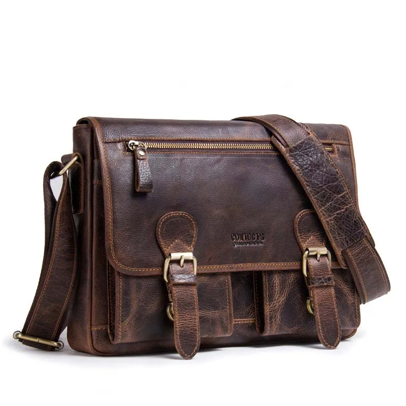 Men's shoulder bag leather handbag brown crazy horse Messenger large capacity |