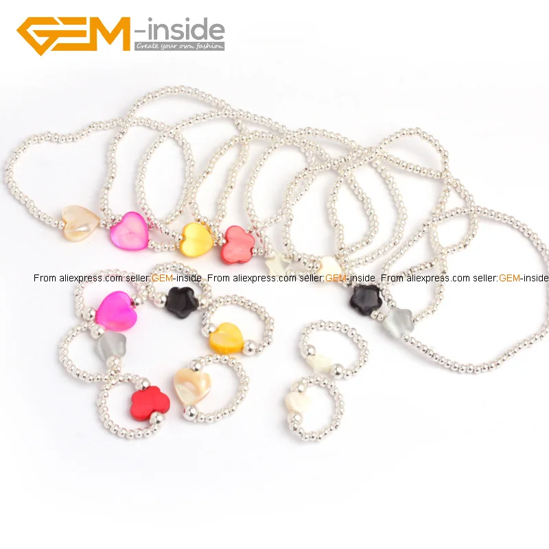 Fashion Set Bracelet&Ring 3mm Silver Ball& Heart W...