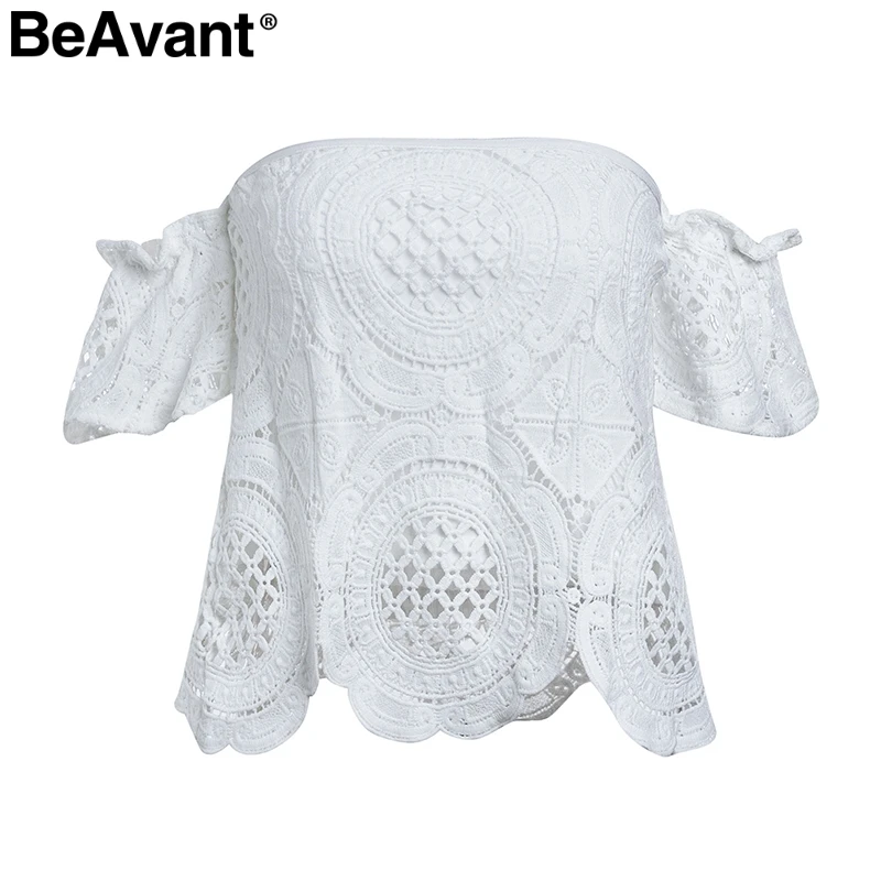 Женские топы с открытыми плечами BeAvant белые расклешенными рукавами Короткие