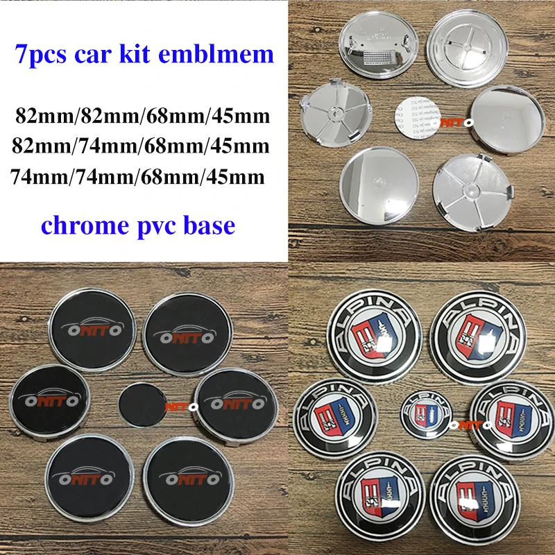 

7Pcs Emblem Kit Car Front Bonnet Emblem Rear boot Label Steer Wheel label Sticker Wheel Hub Logo Cap 82mm 74mm 45mm 68mm