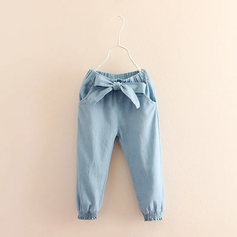 Джинсы для маленьких девочек, повседневные джинсы на осень и весну для детей 2, 3, 4, 9, 10, 11, 12 лет, Детские эластичные джинсы-фонарики с бантом для девочек-подростков - Цвет: Синий