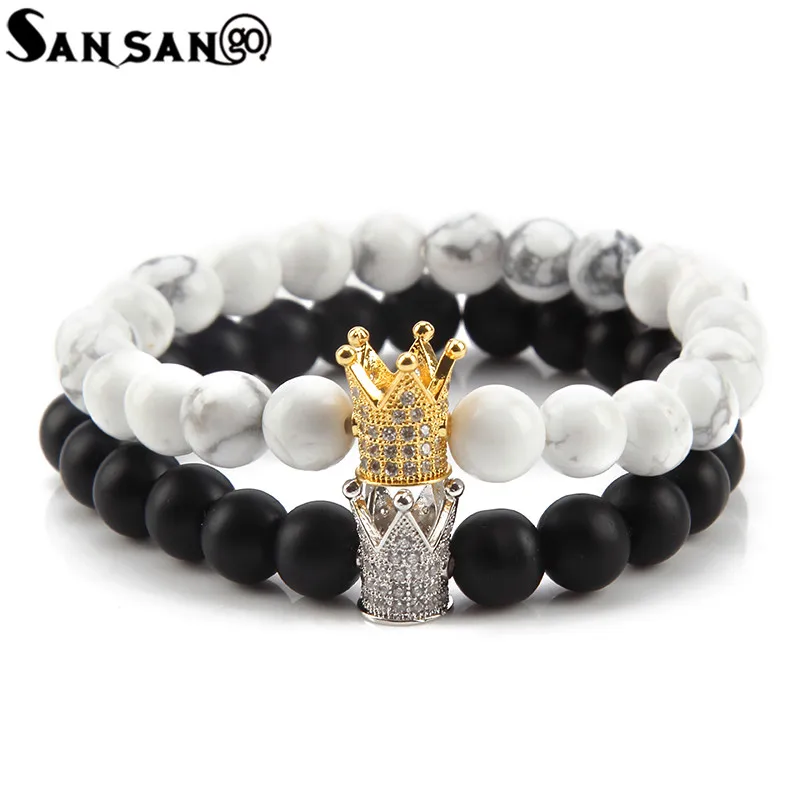 

2pcs/set Fashion Couple Magnesite Crown Charms Bracelets Bangles Classic Black White 8mm Stones Bead Bracelet For Women Men Gift