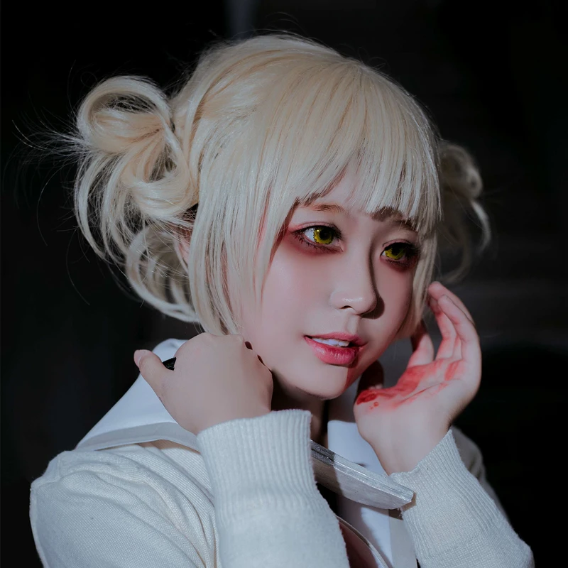 

Boku No Hero Academia Himiko Toga Cosplay Wig for Women Short Curly Anime Heat Resistant Synthetic Wig Claw Clip Ponytail Blond