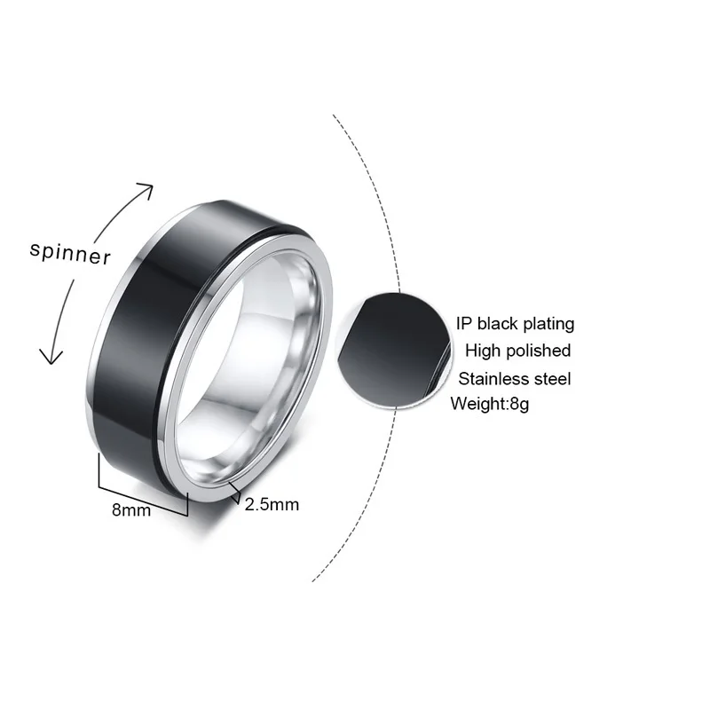 Пара ювелирных изделий обручальное кольцо Спиннер черный цвет нержавеющая сталь металл