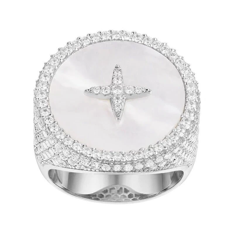 

New Cool Zircon Shell Star MAI Art Finger Ring Round Chapter 925 Sterling Silver Honeycomb Women Wedding Cuff Monaco Jewelry