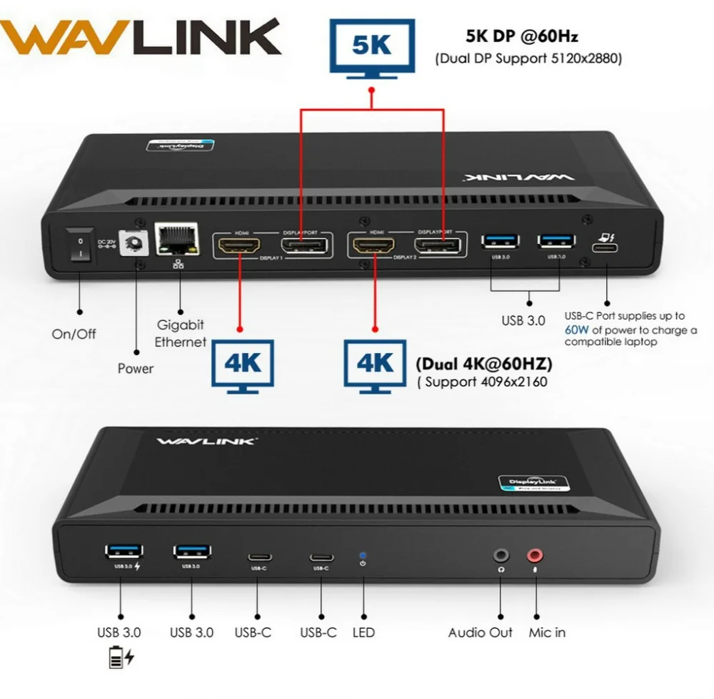 Универсальная док станция Wavlink 4K с двумя гигабитными Ethernet портами USB 3 0 5K HDMI DP
