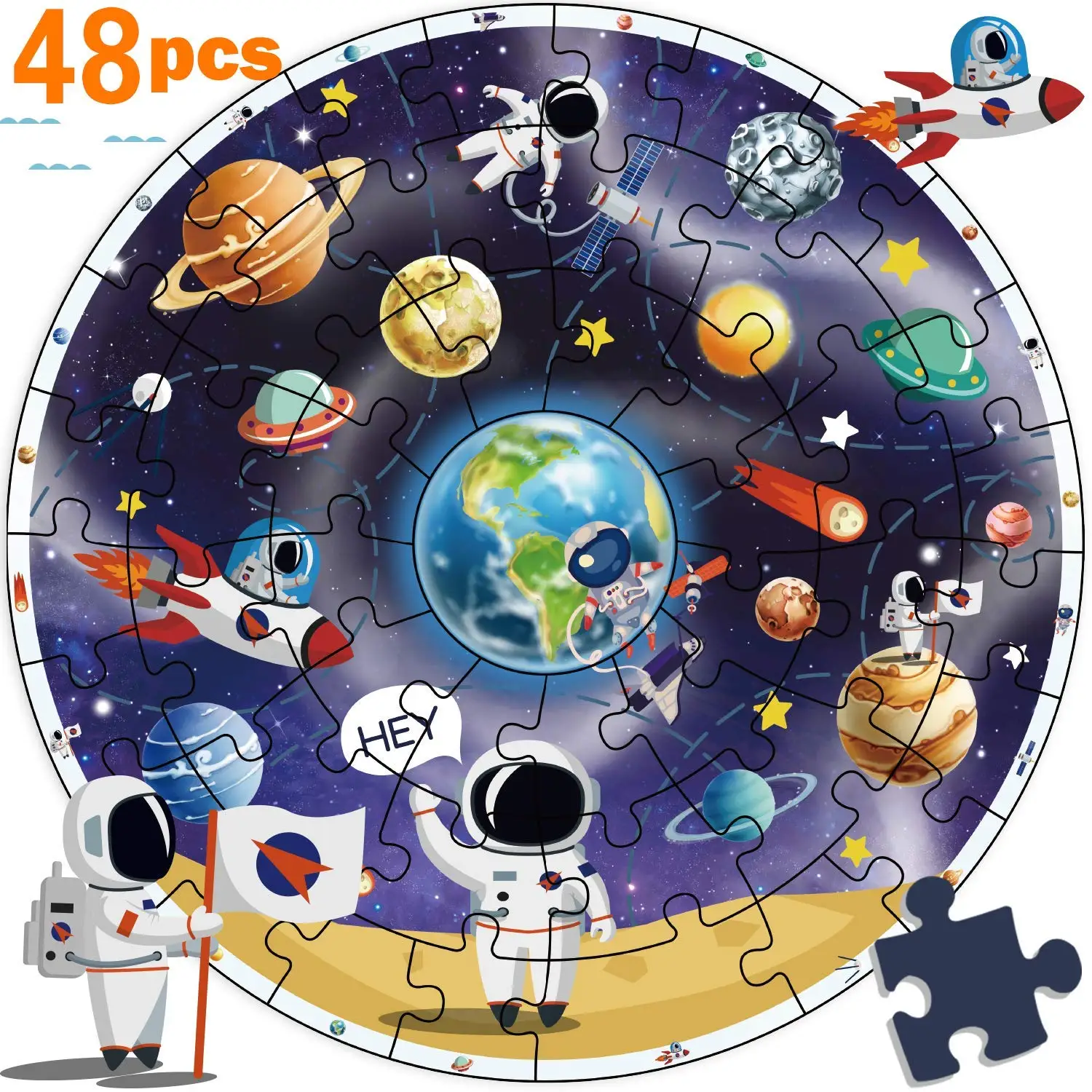 

Wooden Solar System Jigsaw Puzzle Toy. Planet Learning, Astronauts N Space Ships. Early Educational Gift for Kids