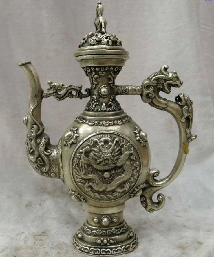 

9" China silver finely carved decorative pattern dragon wine pot Statue