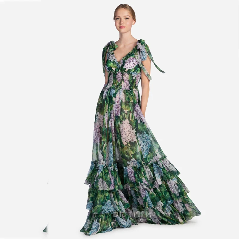 

2019 Summer Runway Designer High Waist Floral Print Bow Spaghetti Strap Maxi Dress Sleeveless Ruffles Elegant Woman Long Dress