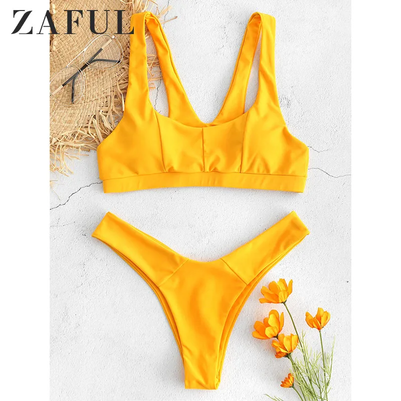 

ZAFUL Women V-Back High Cut Tank Bikini Set Racerback Sport Style Solid Bikini Bathing Suit 2019 Ladies Summer Beach Wear