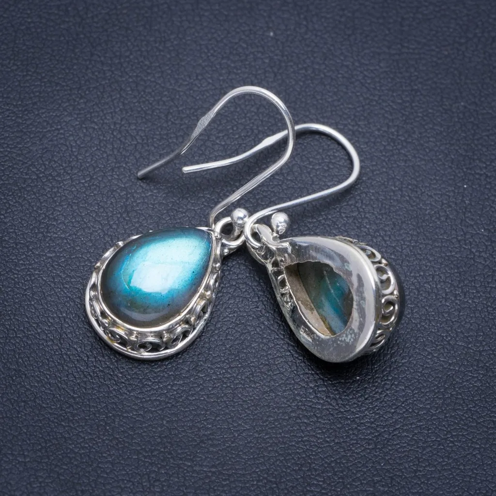 

Natural Blue Fire Labradorite Handmade Unique 925 Sterling Silver Earrings 1.25" A2263