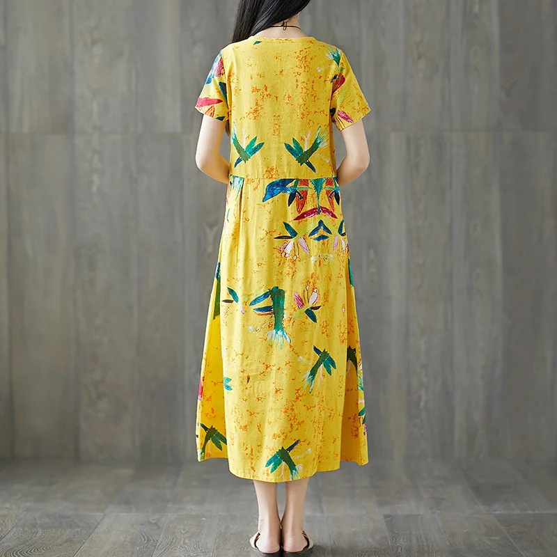 cotton linen plus size vintage floral women casual loose long summer dress elegant vestidos clothes ladies dresses sundress