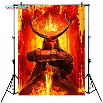 

Game Party Photography Red Devil with Horns Holding A Fire Sword 5x7ft Fire Wall Background Backdrop for Photo Booth Studio Prop