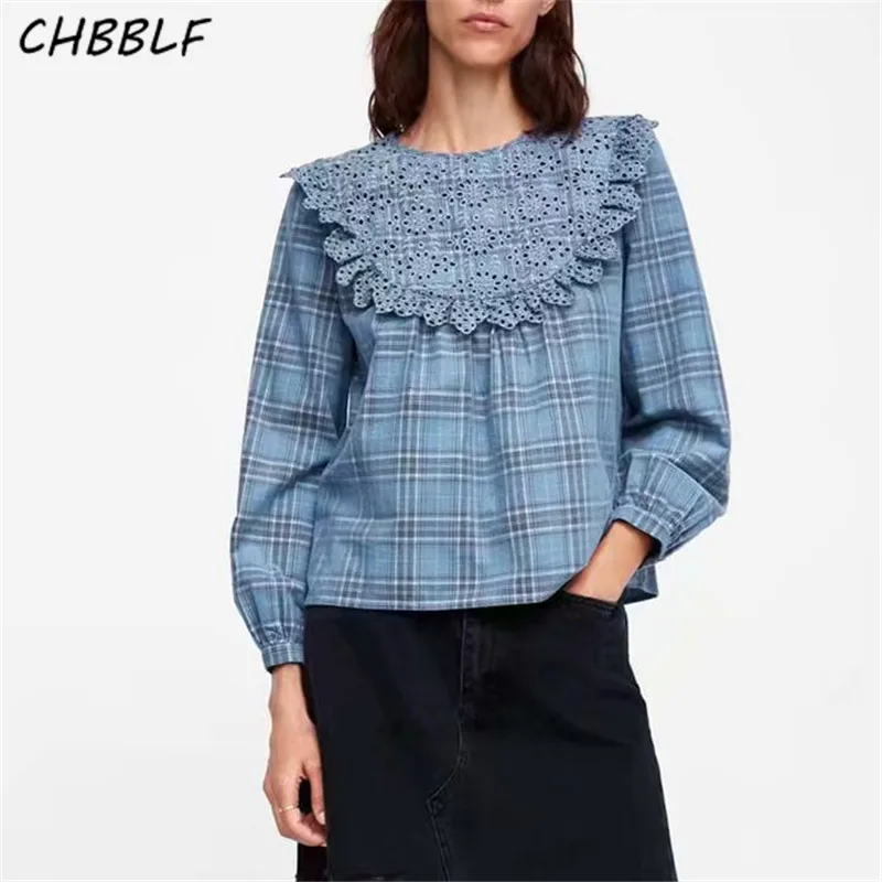 

CHBBLF sweet ruffles eyelet embroidery plaid blouses long sleeve hollow out shirts ladies casual tops blouse CDC8844