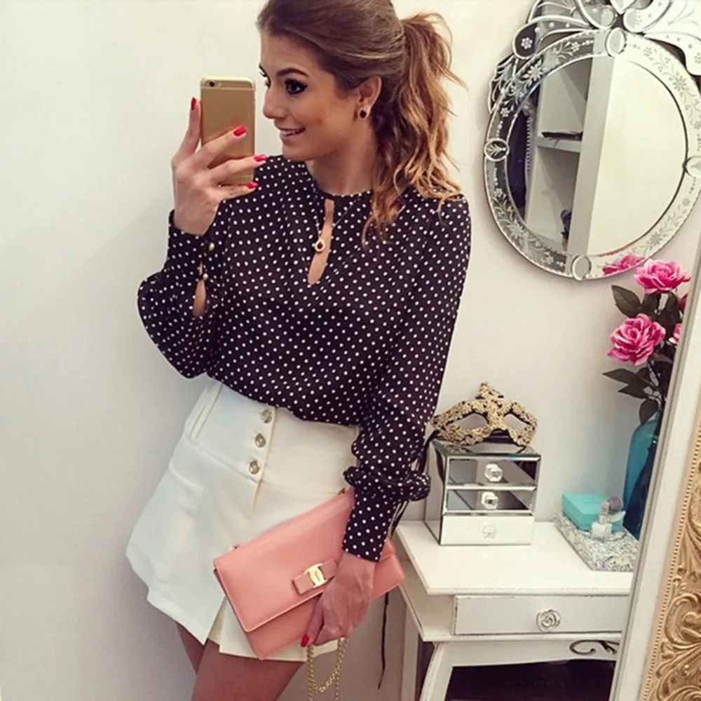 Weixinbuy Long Sleeve Slit Open Women Blouse Chiffon Hollow Sexy Casual Shirt Women Tops Blusas Bluse Polka Dots Shirt Top Everythingsalesonline