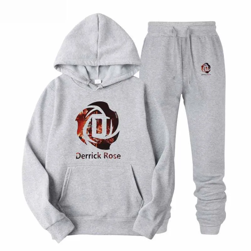 

2019 Brand Tracksuit Fashion Derrick Rose Men Sportswear Two Piece Sets All Cotton Fleece Thick hoodie+Pants Sporting Suit Male