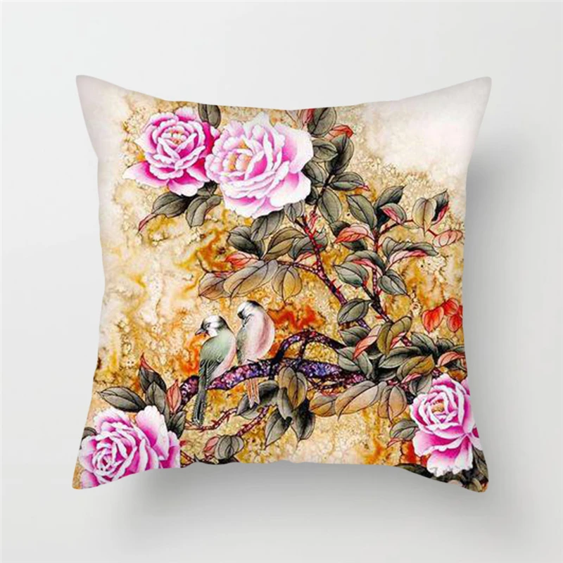 Fuwatacchi Rose Peony Flowers Cushion Cover Plum Blossom Grass Pillow Cases For Home Sofa Chair Decorations Birds Pillowcases