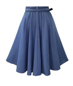 

2019 Fashion Women Skirt Vintage Retro High Waist Pleated Midi Skirt Denim Flared Belt Skirt Saia Femininas SK098