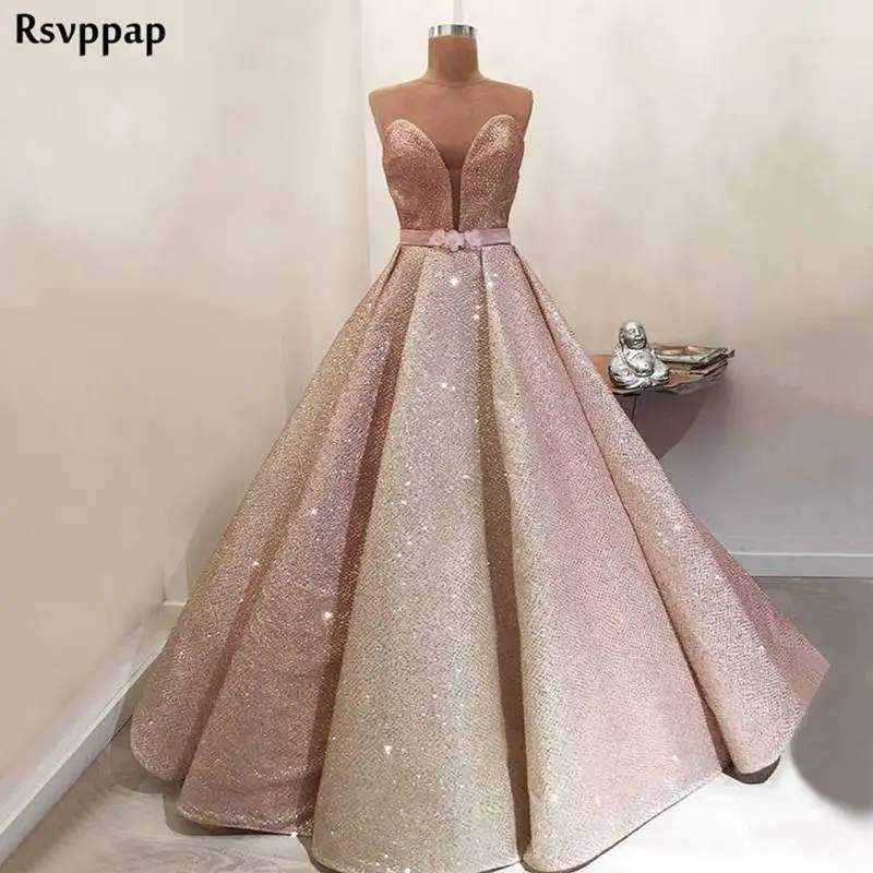 

Long Rose Gold Evening Dress 2019 Stunning Glitter Dubai Arabic Style Floor Length Fomal Party Gowns abendkleider