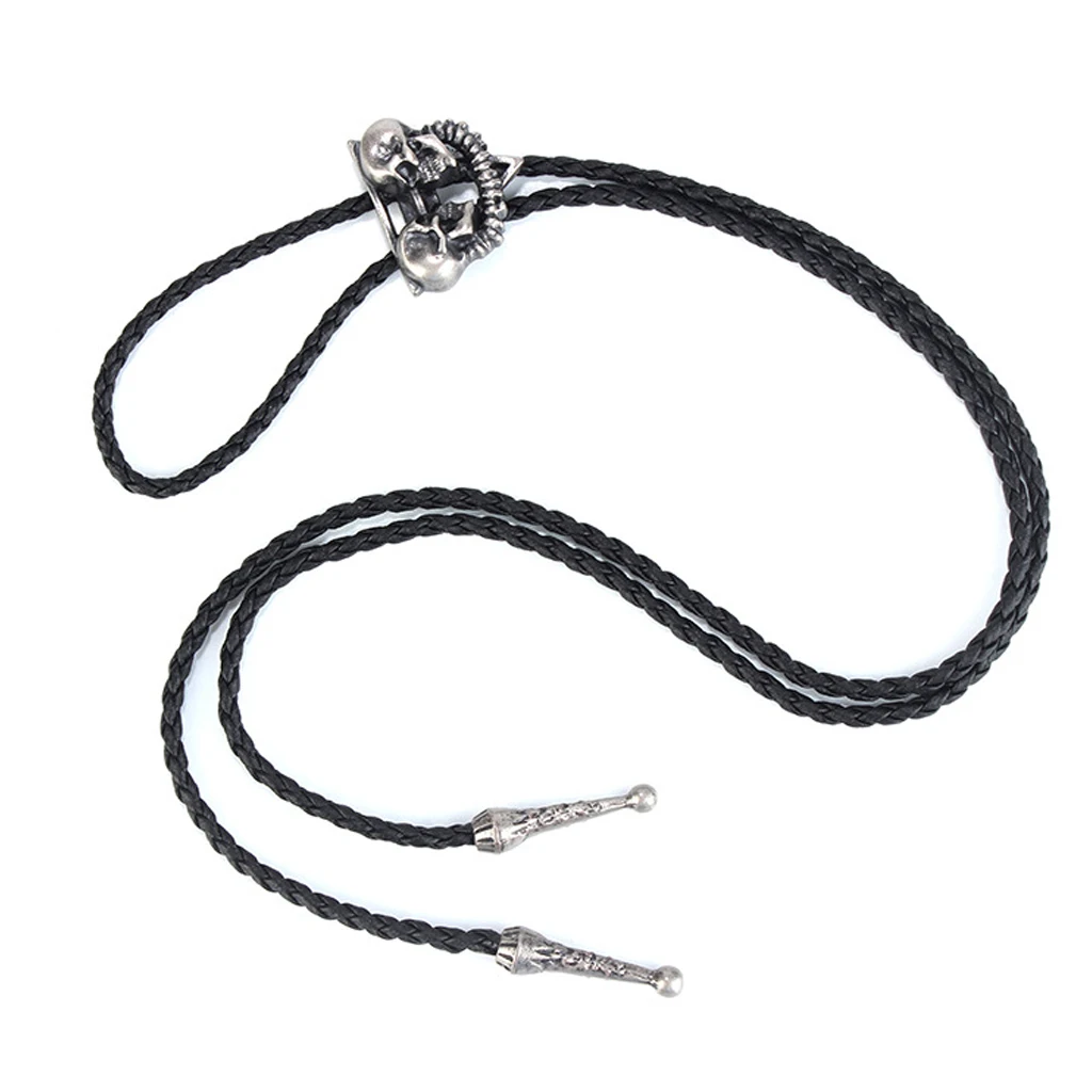 Western Cowboy American Skull Head Bolo Bola Tie Long Leather Necklace Men's Dancewear Accessories