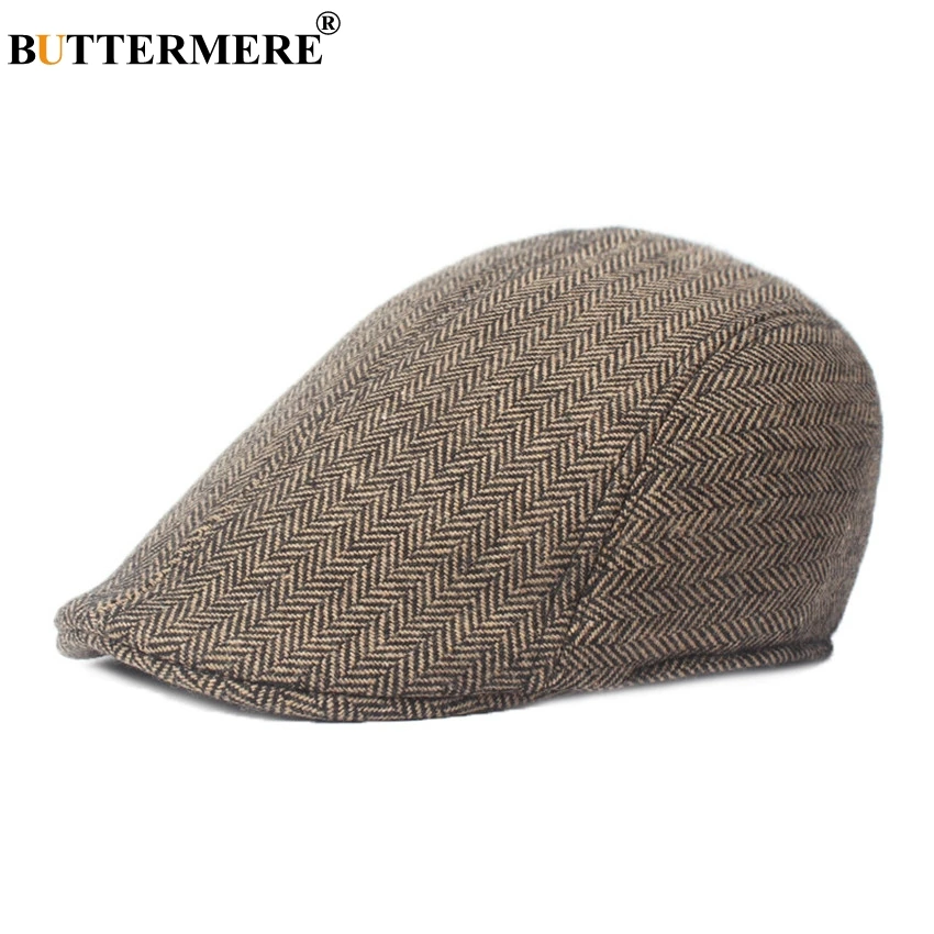 

BUTTERMERE Brown Herringbone Flat Cap Beret For Mens Women Cabbie Vintage Wool Tweed Duckbill Cap 2020 Winter Warm Hat And Caps