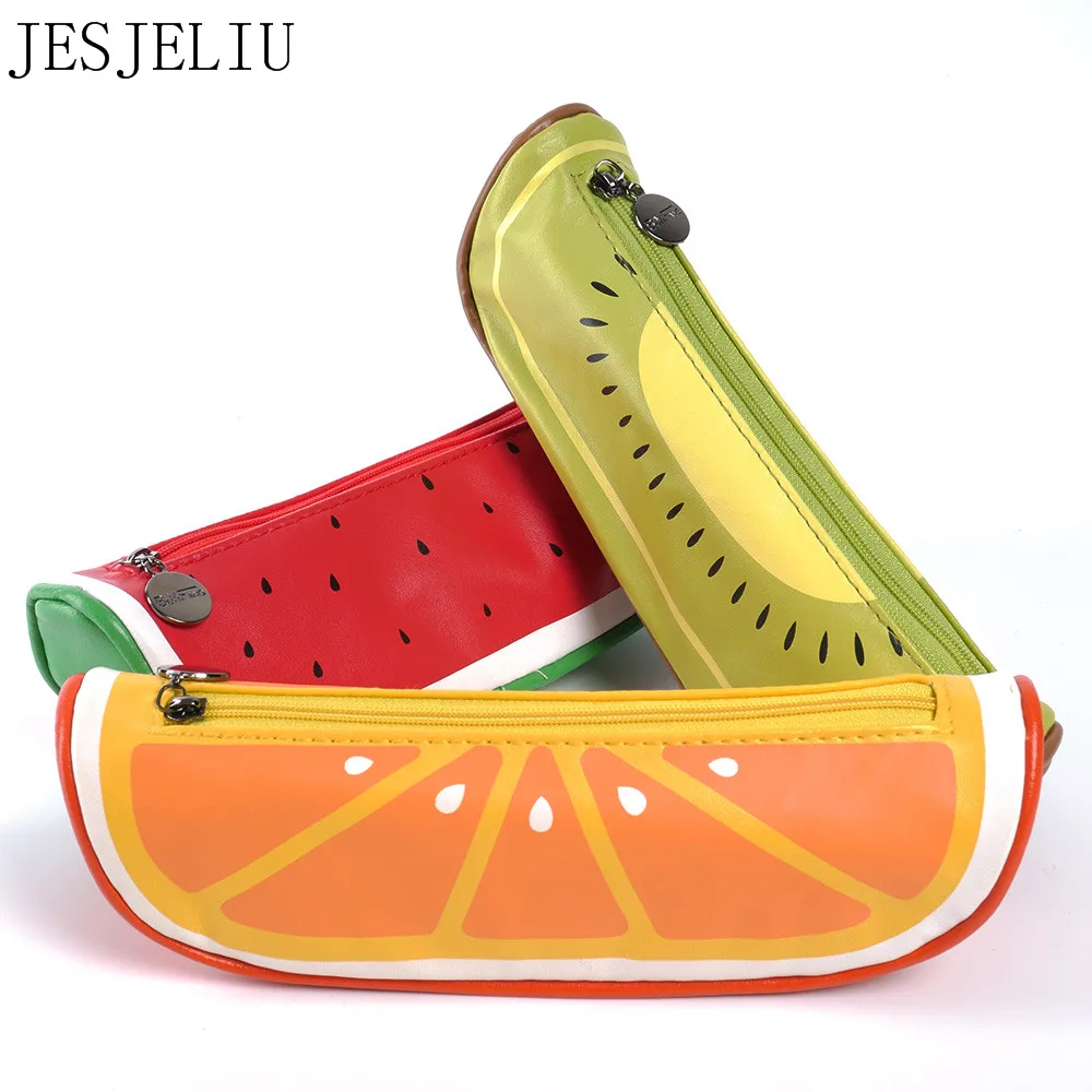 

1 pc Fruit style Watermelon lemon kiwi cute pencil case for girls Novelty Leather pencil bag Stationery office school supplies