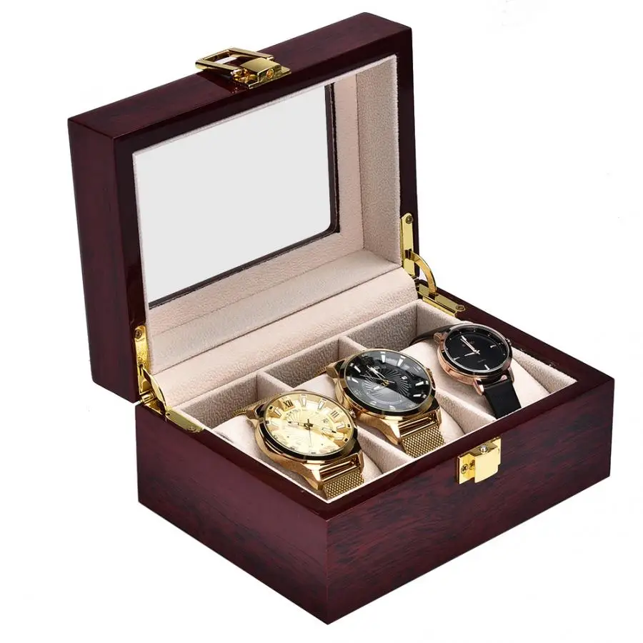 3 Slot Retro Red Wooden Watch Display Case Packaging Holder Jewelry Collection Storages Watch