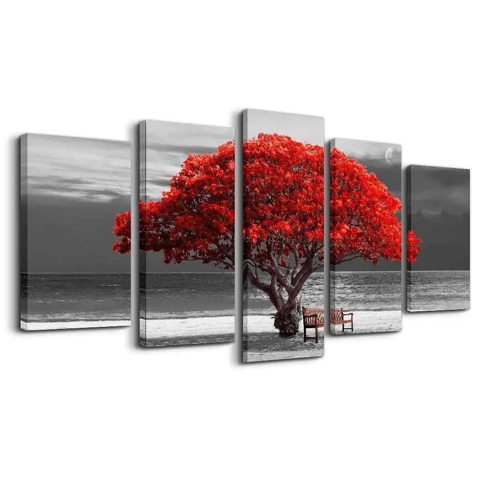 5 piece canvas wall art for living room Decorations Photo Prints - Black and white red tree The scenery moon Landscape - Modern Home Decor The room Stretched and Framed Ready to Hang artwork