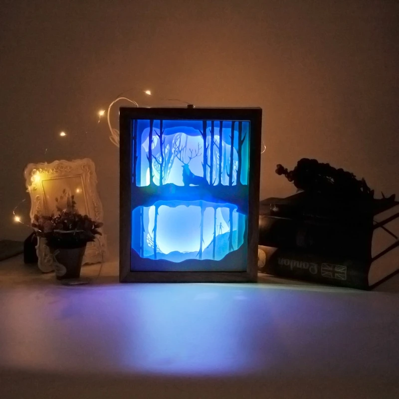 

Papercut Light Box LED USB Night Light Lamp Creative Paintings Deer Woods Child Gift