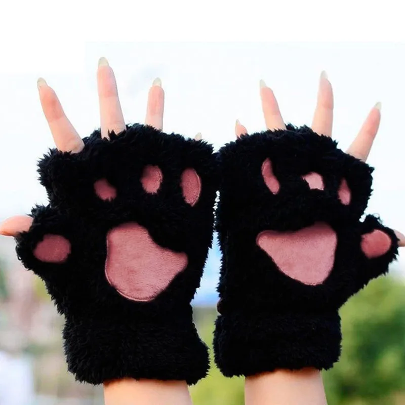 

Winter Women Gloves Cute Fluffy Bear Plush Paw Glove Girl Novelty Soft Half Covered Mittens Gloves ht