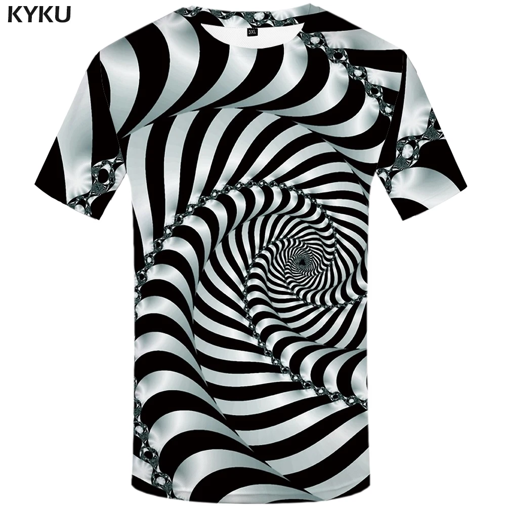 

KYKU Psychedelic T Shirt Men Black And White 3d Tshirt Punk Rock Clothes Black Hole Print T-shirt Hip Hop Mens Clothing Summer