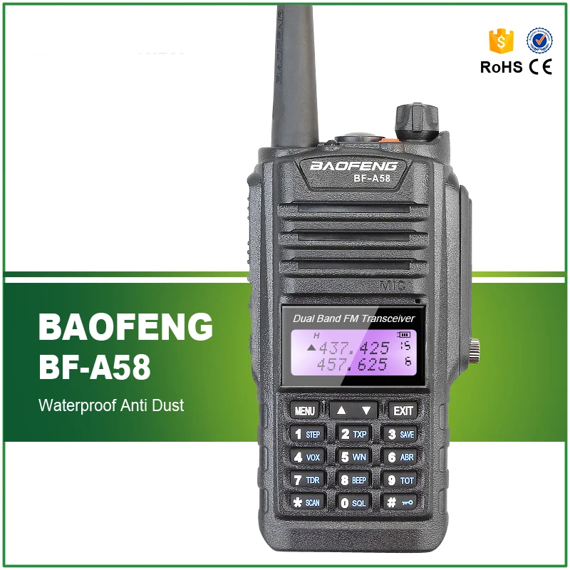 

100% Original BAOFENG Waterproof IP-57 5W Dual Band Dual Display Black A58 Walkie Talkie Free Headset