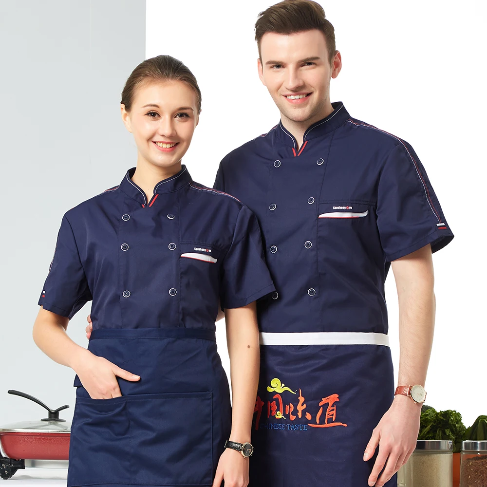 Шеф повар куртка для повара столовая Uniforme короткий рукав дышащий Ресторан отеля кофе Повседневная обувь Кухня Одежда Kochjacke Cocinero - Цвет: Navy