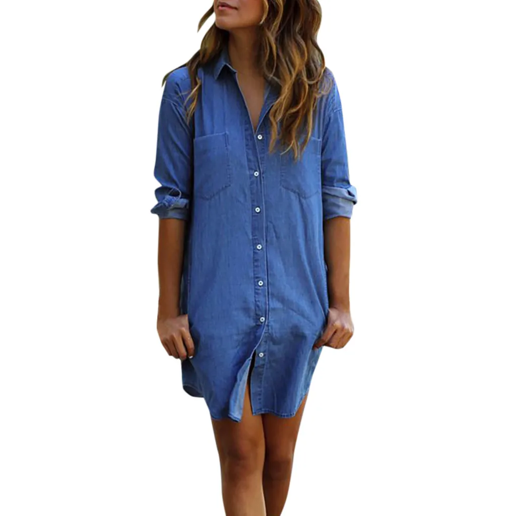 Женская Повседневная Длинная рубашка с длинными рукавами, однотонная винтажная синяя джинсовая рубашка, Топы roupas femininas
