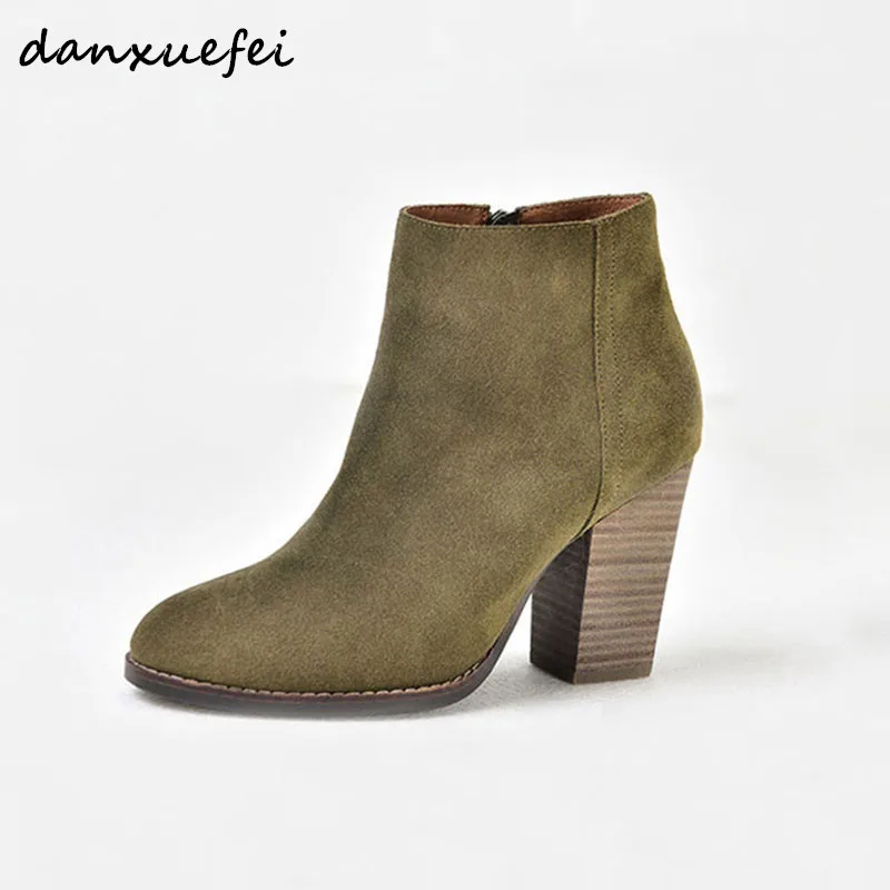 

Women Ankle Boots Autumn High Heels genuine Suede leather Short Boot Zipper Chunky Thick Heel Shoes Ladies Casual Shoe Botas Hot
