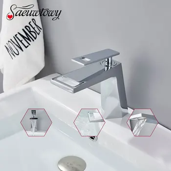 

Saeuwtowy Chrome Basin Faucet Deck Mounted One Holder One Hole Hot and Cold Mixer Tap Waterfall Waterway