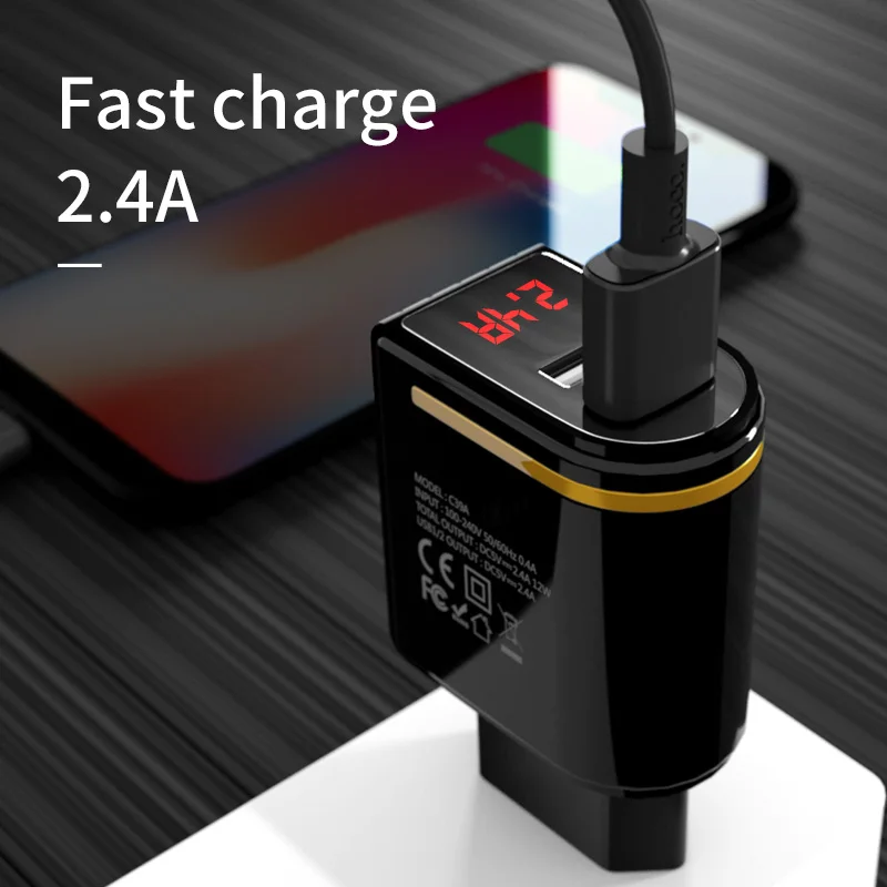 HOCO USB شاحن آيفون 7 8 X LED عرض الحائط شاحن الاتحاد الأوروبي قابس شحن محول لسامسونج Xiaomi الهاتف المحمول سريع شاحن