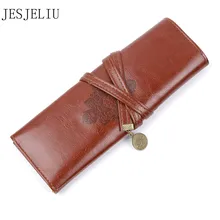 1pc luxo retro rolo lápis casos de couro caneta saco três peças bolsa maquiagem cosméticos saco escova textura estudante lápis sacos(China)