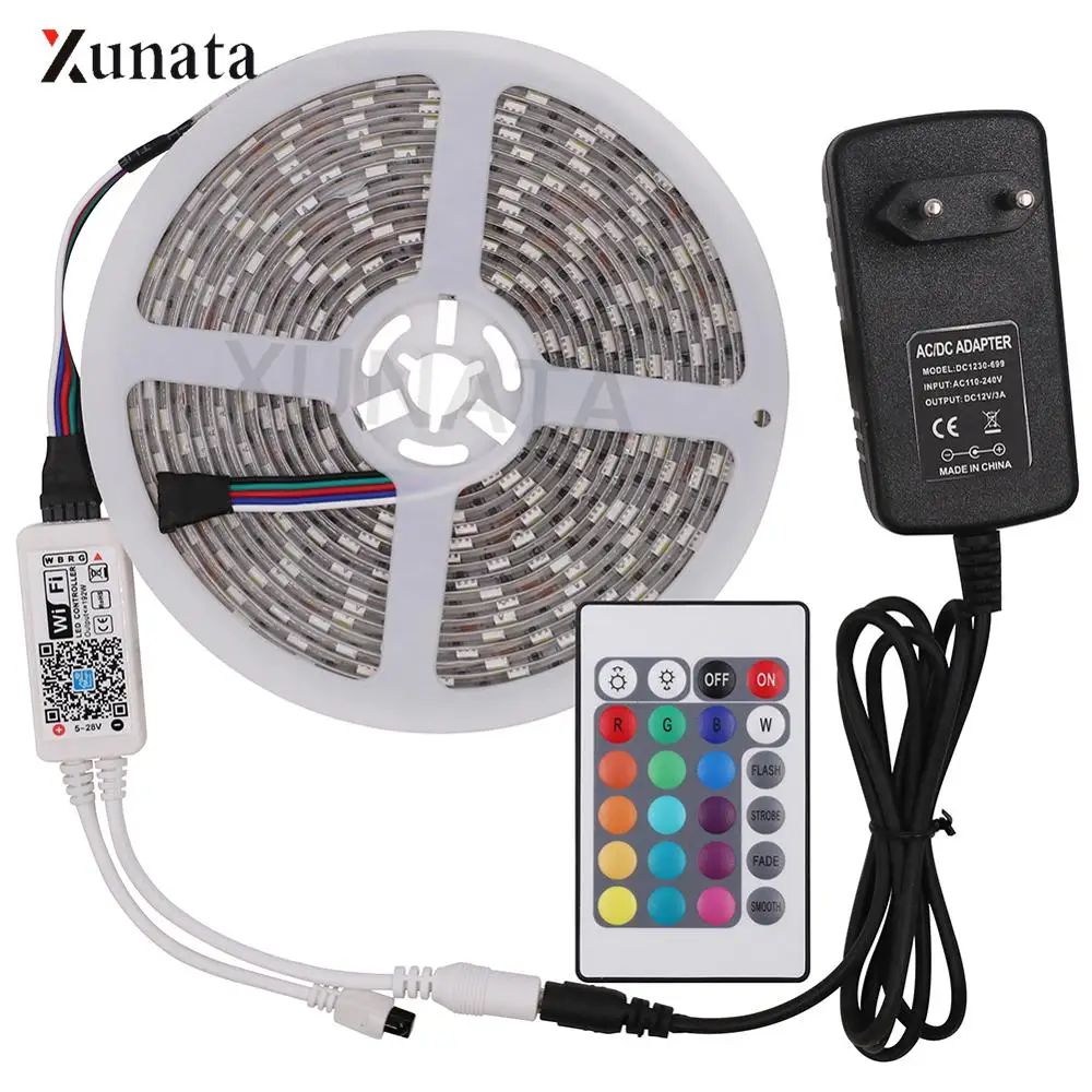 DC12V SMD5050 Светодиодные ленты 5 м 60 светодиодный s/m RGB RGBW rgbww с Миниатюрный Wi-Fi контроллер светодиодный лента Водонепроницаемая светодиодная лента, украшенное мозаикой из драгоценных камней, 12V 3A адаптер
