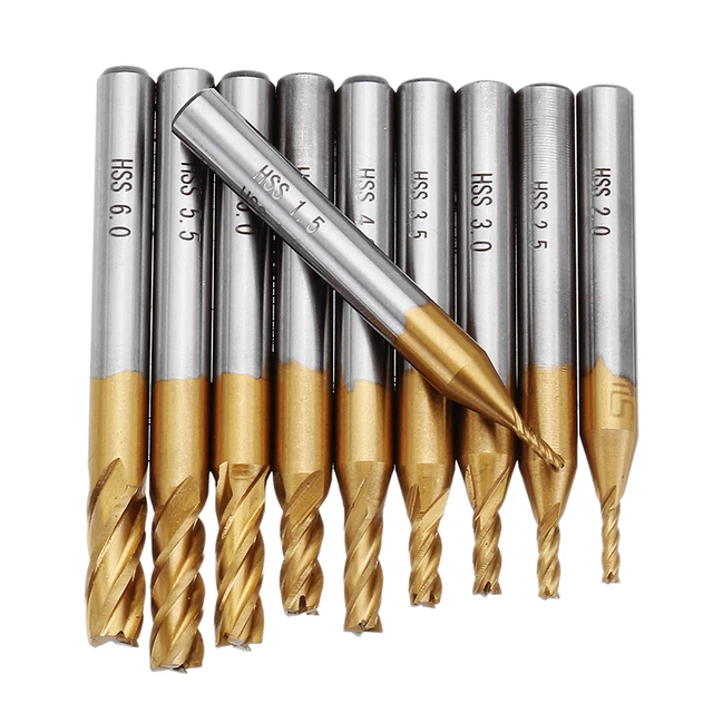 Drillpro 10pcs Titanium Coating 1.5-6.0mm HSS 4 Flute End Mill Cutter 6mm Shank CNC Drill Bits Set Spiral Bit