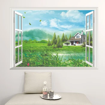 

3D Window broken wall Forest Landscape in Four Seasons scenery Wall Sticker Green Tree Removable Wallpaper Home Decal Home Decor