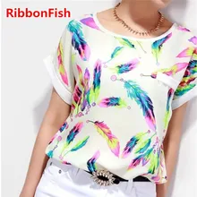 2016 Summer Women Chiffon Blouses Tops Ladies Loose Short Sleeve Feather Printed Blouse & Shirts blusas femininas Plus Size