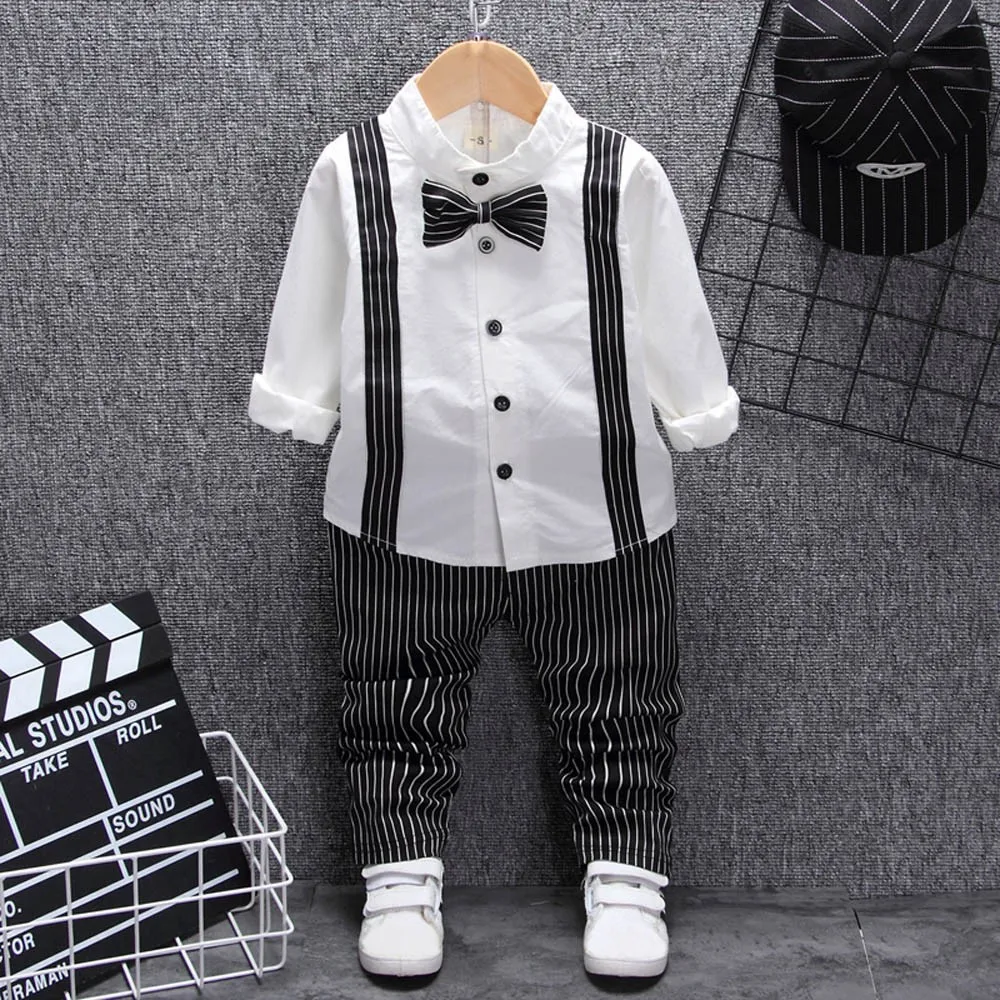 

2018 autumn spring Toddler Baby Boys Solid Bow Tie Shirt Tops Stripe Pants Trousers Outfits Set vetement enfant garcon #Q97